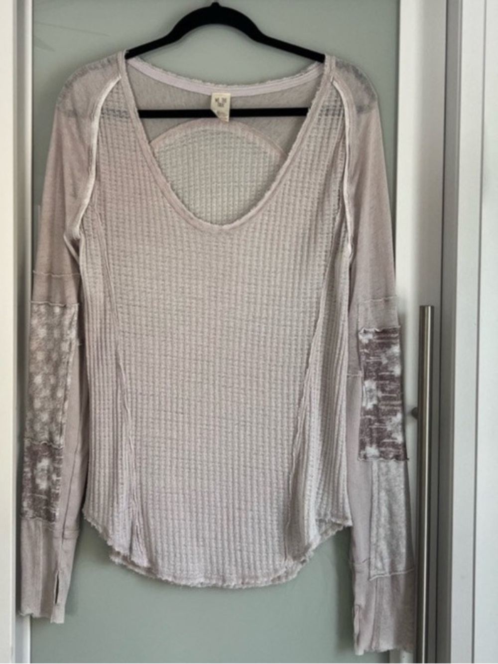 We The Free Taupe Waffle V-Neck Top with Velvet Sleeve Detail - Picture 2 of 5